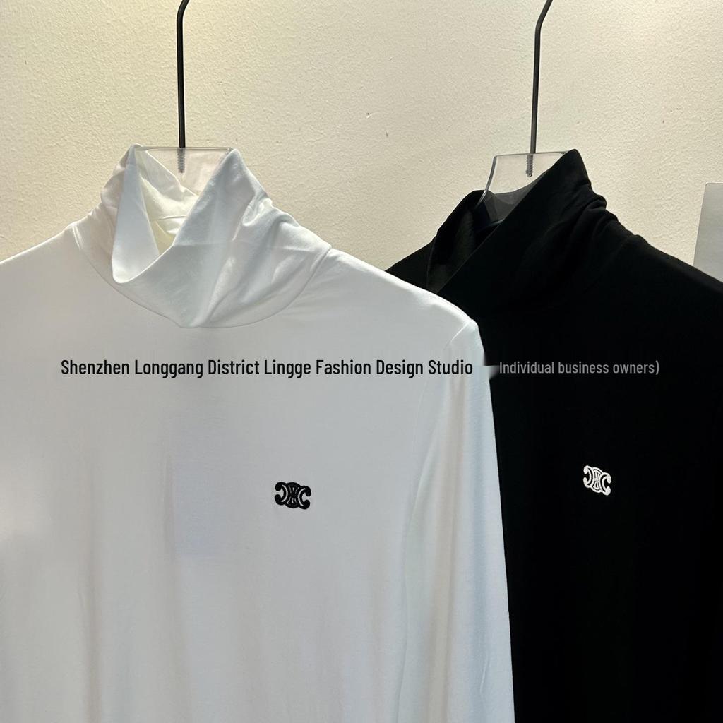 Damski T-shirt LENGE w stylu retro, z wysokim dekoltem, dopasowany, z haftem Łuku Triumfalnego