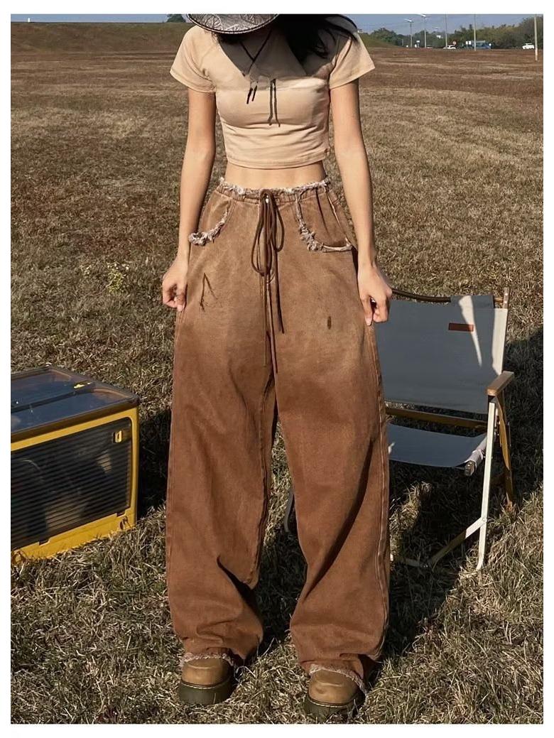 

Женские джинсы American Retro Gradient: Большой размер, облегающий, широкий, с необработанным краем, для весны и осени 2XL коричневый