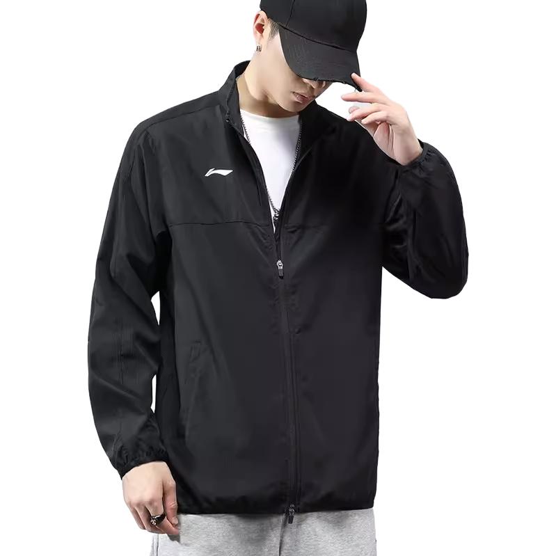 Li Ning Solid Color Stand Collar Zipper Brand Logo Embroidered Loose Long Sleeve Jacket Men jackets Black AJDR475-3