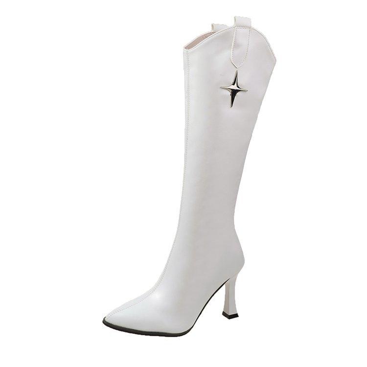 

Новые сапоги из коровьей кожи в европейском и американском стиле с острым толстым каблуком, с боковой молнией, высокие белые сапоги с острым носком 39 бежевый