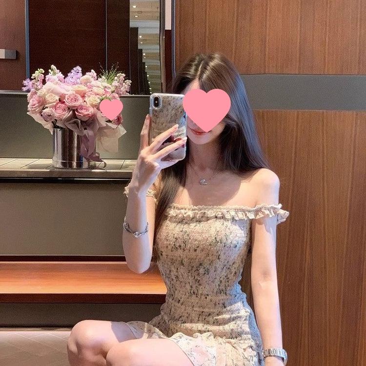 Waist-Cinching 2026 Floral One-Shoulder Short Dress with Elastic Waist - New Summer Style for Women