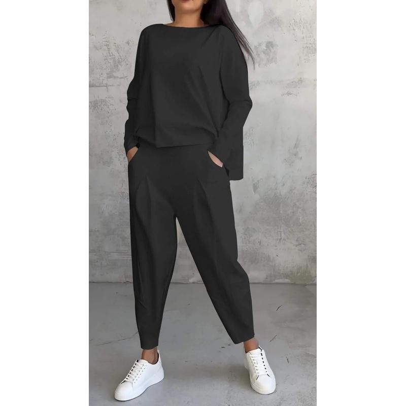 Women's Solid Color Crew Neck Long Sleeve Top & Pleated Pocket Harem Pants 2 Piece Loungewear Outfit Set