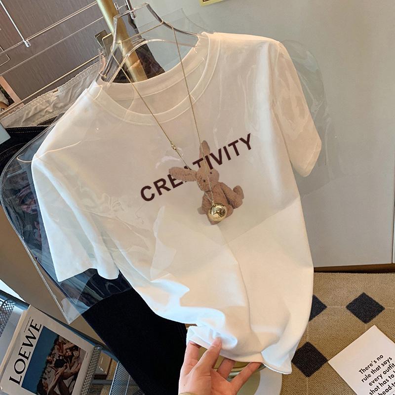 

2025 Женская розовая хлопковая футболка с коротким рукавом и принтом кролика - Летний свободный крой, Универсальный топ в стиле инс M