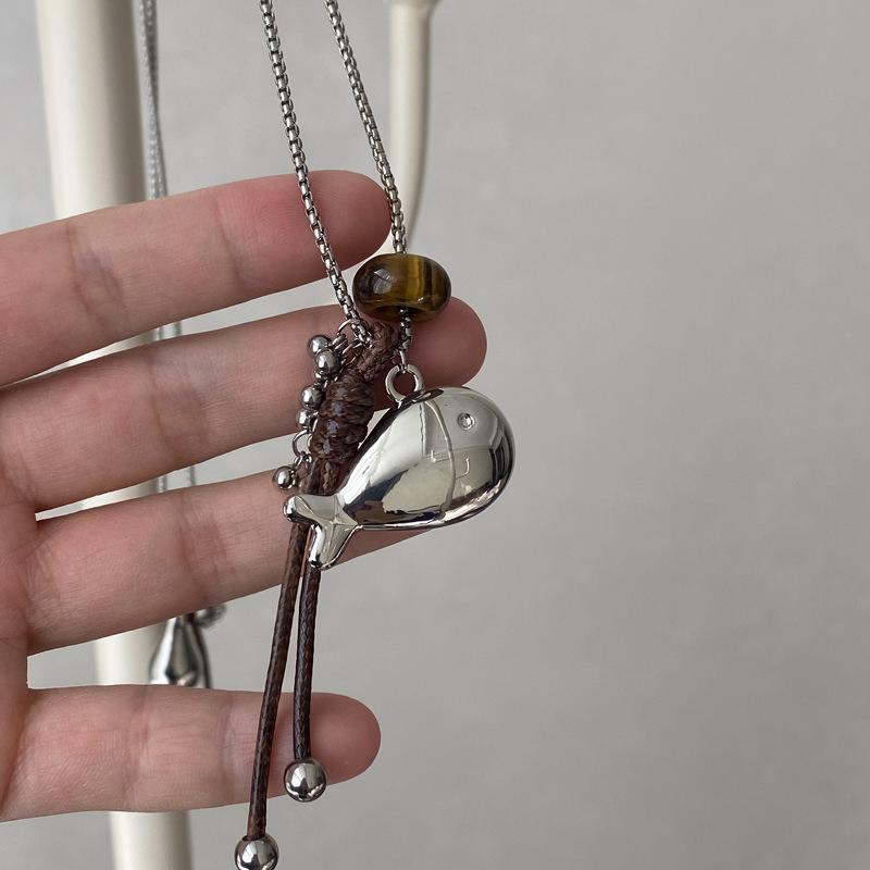 Grape Cluster Tassel Pendant Necklace for Women Leather Cord Fish Water Drop Long Sweater Necklace Retro Cold Wind Daily Jewelry