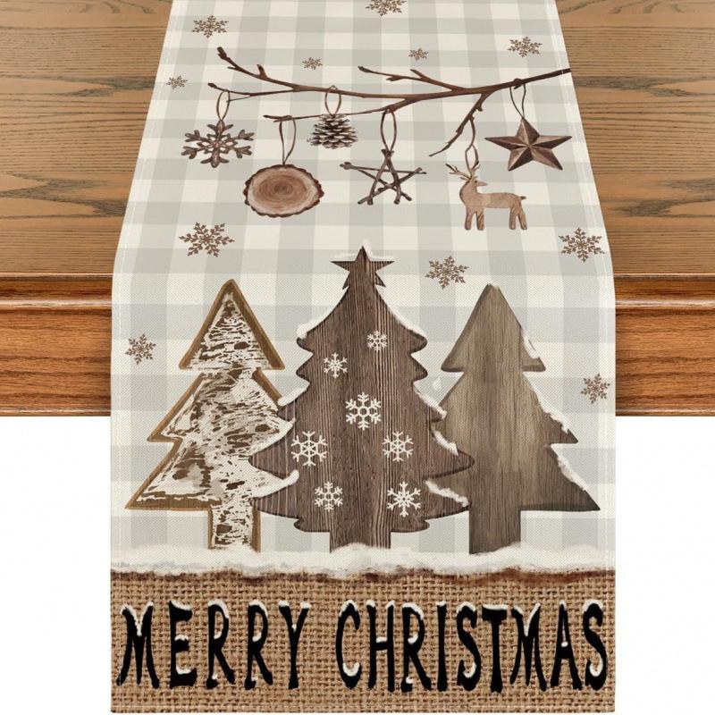 Festive Snowman Christmas Tree Table Runner Home Kitchen Dining Tablecloth for Party Decoration