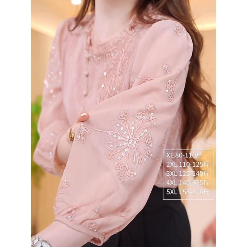 Cămașă la modă în stil național, cu paiete brodate și mâneci trei sferturi pentru femei, nouă, roz, cu temperament, top larg