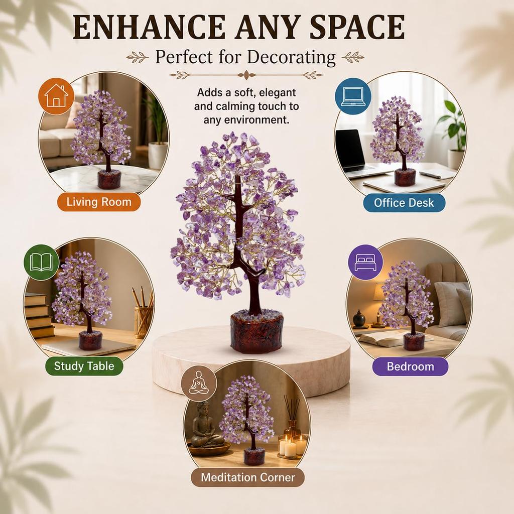 Crystu Amethyst Tree Natural Chip Beads Crystal Stone Tree Showpiece Good Luck and Positive Energy for Living Room Hall & Table Decoration Wealth