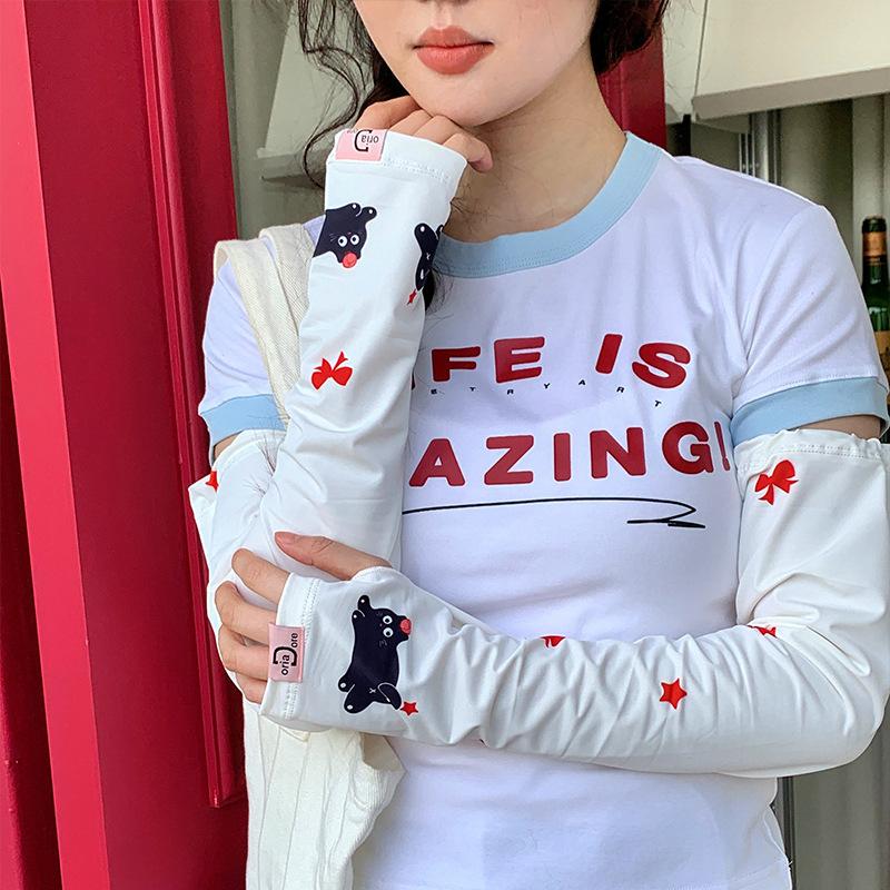 Ladies Cute Cartoon Arm Sleeves UV Protection, Ice Silk Cooling Sleeves, Breathable Thin Summer Sun Sleeves for Driving Cycling Outdoor