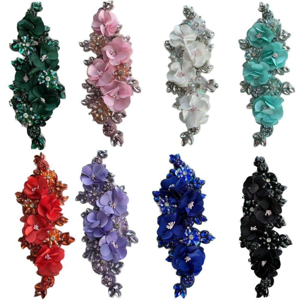 Rhinestone Beaded Bead Lace Applique 3D Crystal Handsewn Sew-on Diamond Lace Patch Iron On Sparkling Glass Bead Crystal Applique