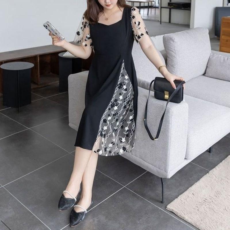 Summer Stylish Gauze Patchwork Dresses Asymmetrical Women's Clothing Elegant Square Collar Vintage Broken Flowers Midi Dress New