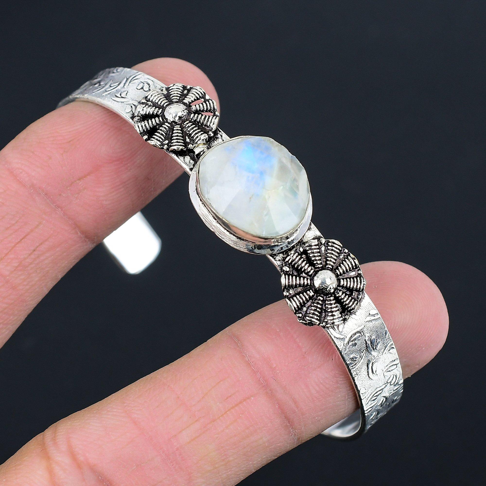 

День женщин Сделка Стерлинговое серебро Натуральный радужный лунный камень Свадебный браслет Ювелирные изделия Adjustable