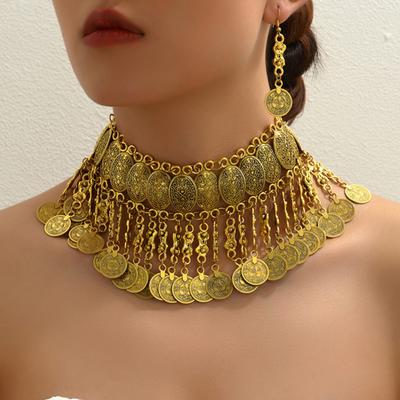 Σετ σκουλαρίκι με κολιέ ρετρό κέρμα Drop Spike Exaggerated Temperament, Γυναικεία κοσμήματα με φούντα με κέρματα