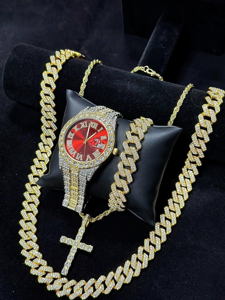 Luxury 4Pcs/Set Fully Iced Out Hip Hop Cross Cuban Chain Pendant Necklace Bracelet Quartz Watch for Men Women Jewelry