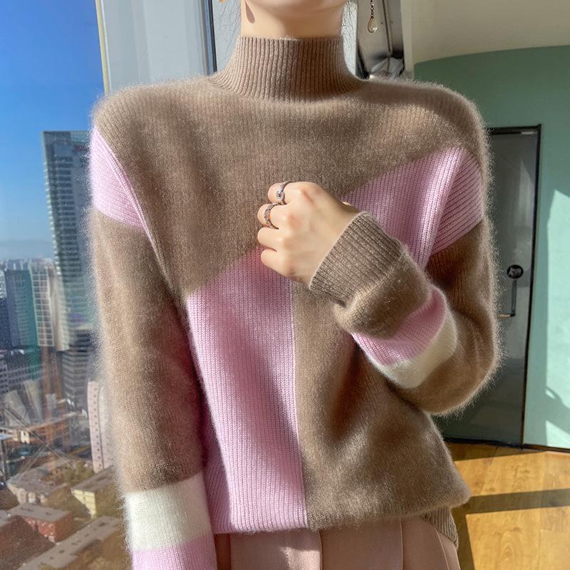 2025 Autumn/Winter Color Block Women's Half-High Collar Knit Sweater