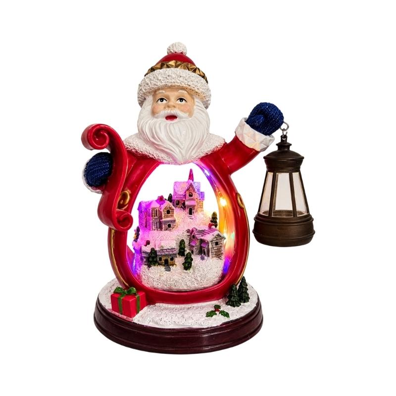 Hars Santa Lantaarn Beeldje met Warm Licht, Kerstdecoratie met Open Voorkant met Kleurrijk LED Verlicht Dorp Decoratie voor Tafelblad Plank Display