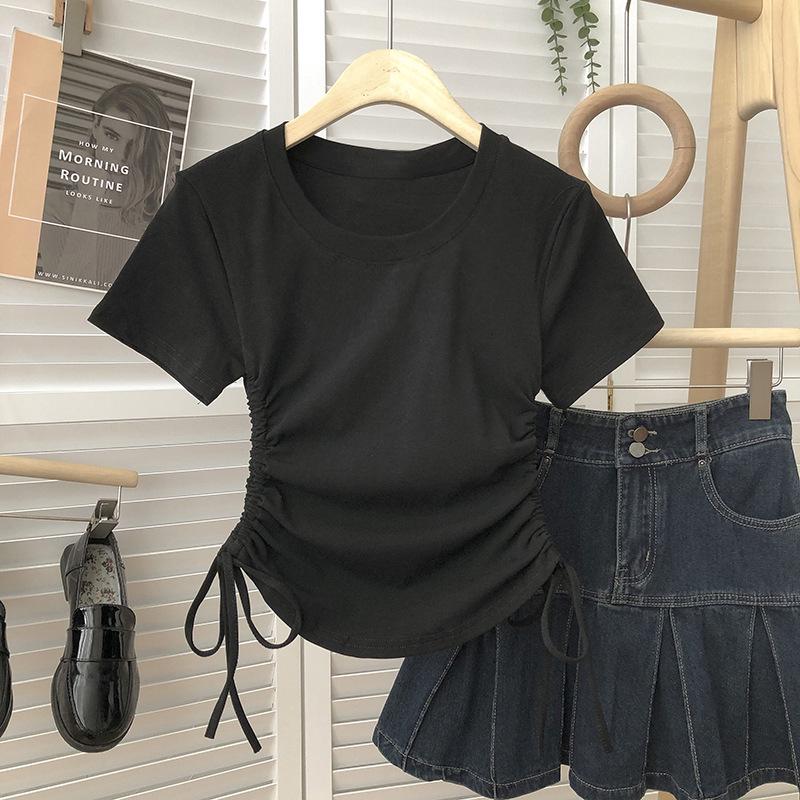 2025 Summer Korean Style Women's Slimming Drawstring Waist T-Shirt