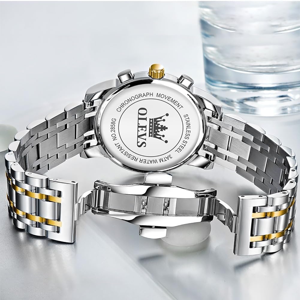 OLEVS Men's Watch with Moon Phase Timer, Quartz Movement, Stainless Steel Band, Simple and Fashionable, Waterproof, Luminous, Date Display, Blue