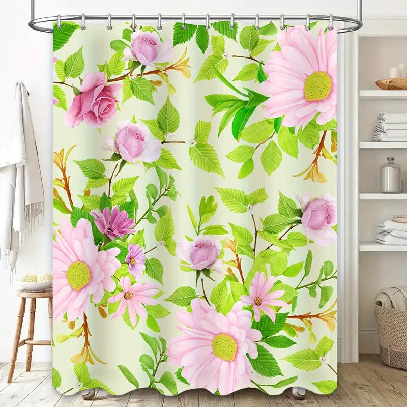 

Floral Bath Shower Curtain Decorative Waterproof Polyester Fabric Home Decoration White Pink Green Leaves Floral Print Waterproo W60H190(CM)-1 Pcs