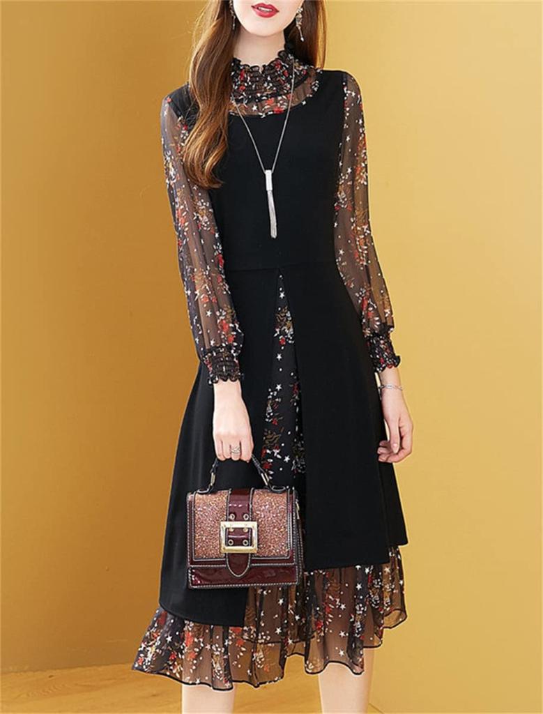 CHUMO Chiffon Midi Dress with Long Floral Plus and Beautiful Outfit for and Women's Sleeves, Print, A-Line, Sizes, Retro, Stylish, Slimming, Elegant,