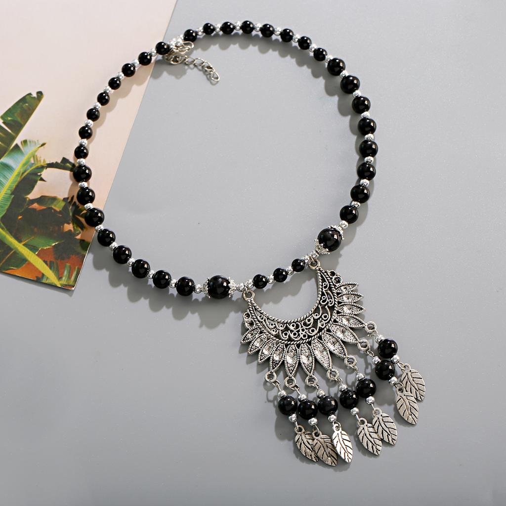 Bohemian Etnický Styl Přírodní Kámen Tyrkysy Náhrdelník Slitinový Přívěsek Kovový Peříček Střapec Náhrdelník Zirkonové Doplňky Ženský