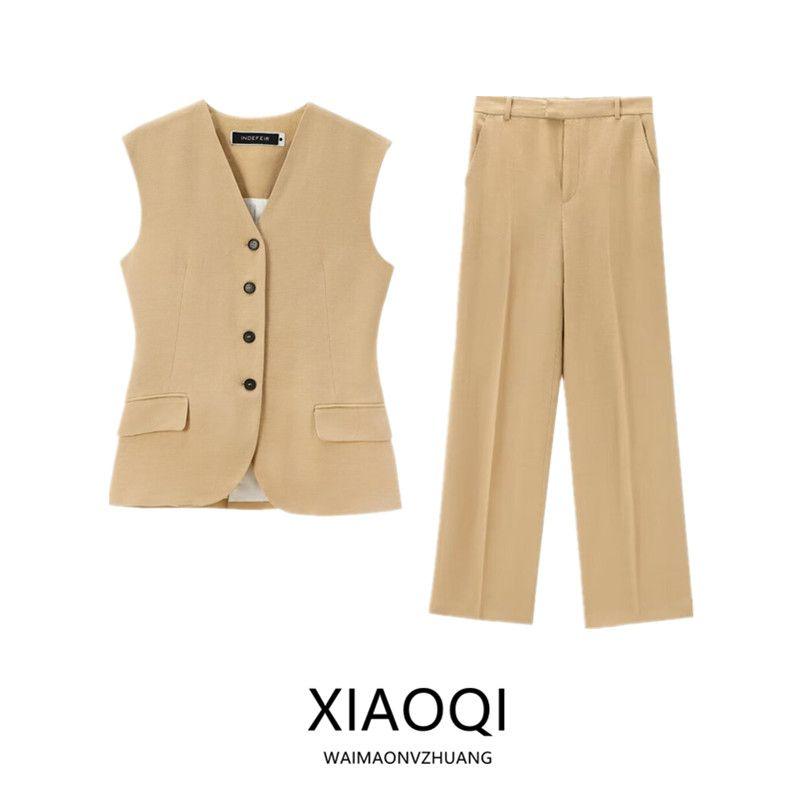 Women's Fashion Style Blended Vest Straight-Leg Pants Linen