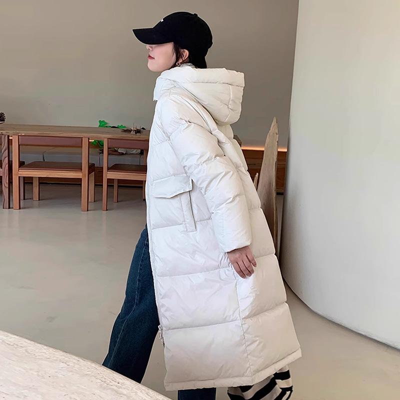 

Длинный пуховик до колена женский 2025 зима новая мода с капюшоном милый большой карман теплый короткий пуховик S слоновая кость
