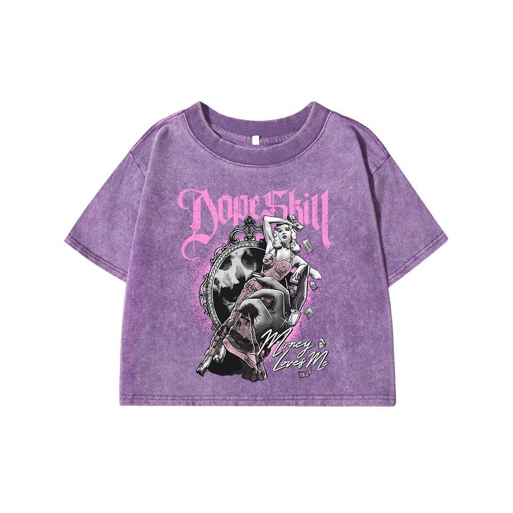 Novel Interesting Patterns Printing Women Washed Shrot Clothes Distress Tshirts Midriff-Baring Tops Cool Summer T Shirts