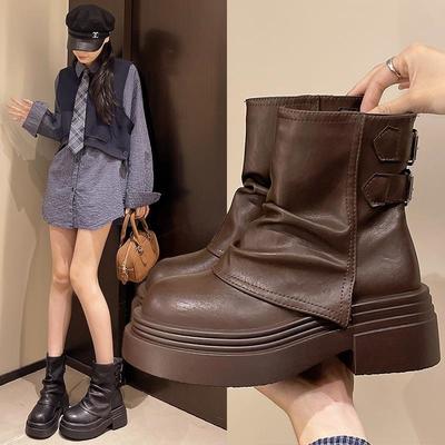 2025 Autumn and Winter New Short Tube Thick Heel Heightening Versatile Retro Martin Boots Women's Small Trouser Boots Popular Short Boots