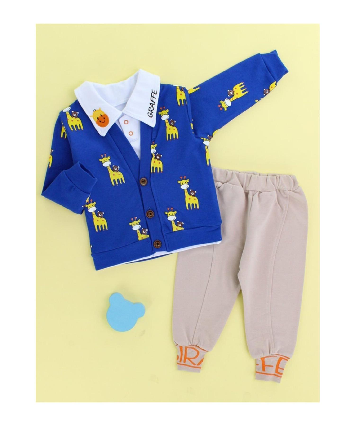 

Zeo Kids 3 Pcs Giraffe Printed Cardigan Suit-blue