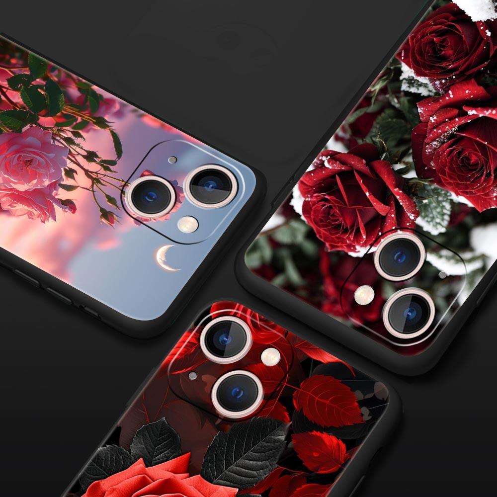 Luxury Phone Case For Apple iPhone 11 15 14 Pro MAX 12 13 7 8 Plus X XR XS MAX SE Black Cover Funda Beautiful Red Rose Flowers