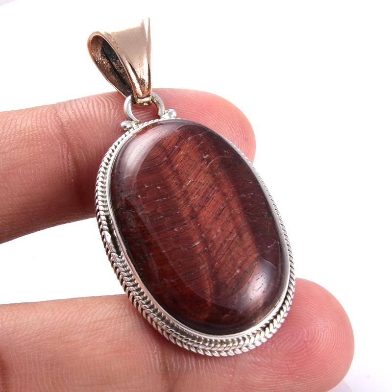 Natural Red Tiger's Eye Gemstone 925 Sterling Silver Two Tone Pendant 1.9'' e0H24