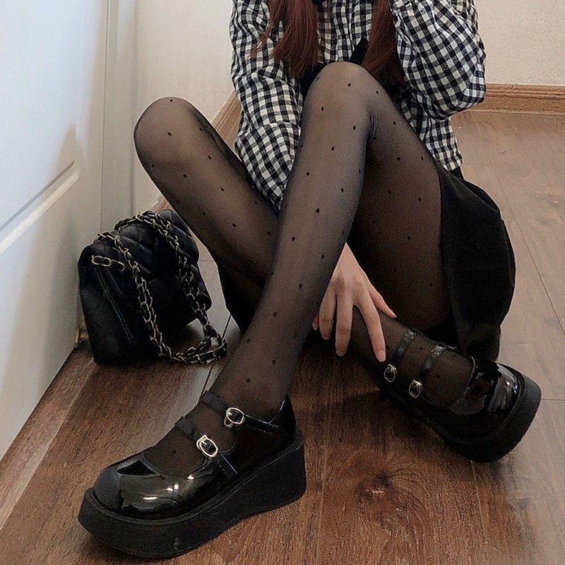 Sexy Black Stockings Women Heart Polka Dot Bow Knot Lolita Pantyhose Tight High Socks Female Transparent High Elastic Stockings
