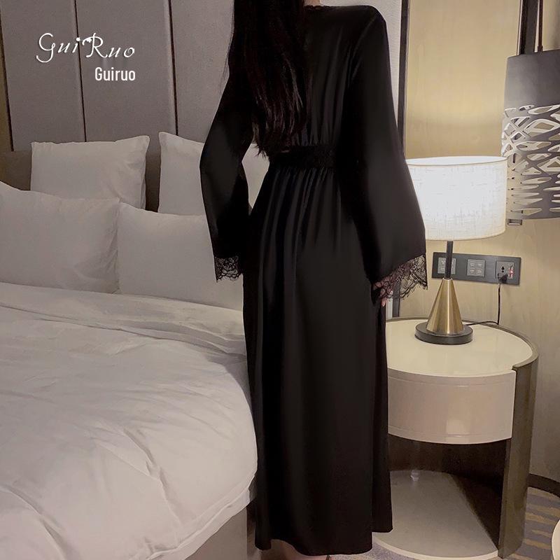 Guiruo Sexy Lace Slimming Nightgown & Outer Robe Set with Bust Pads - Women's Home Wear P4214