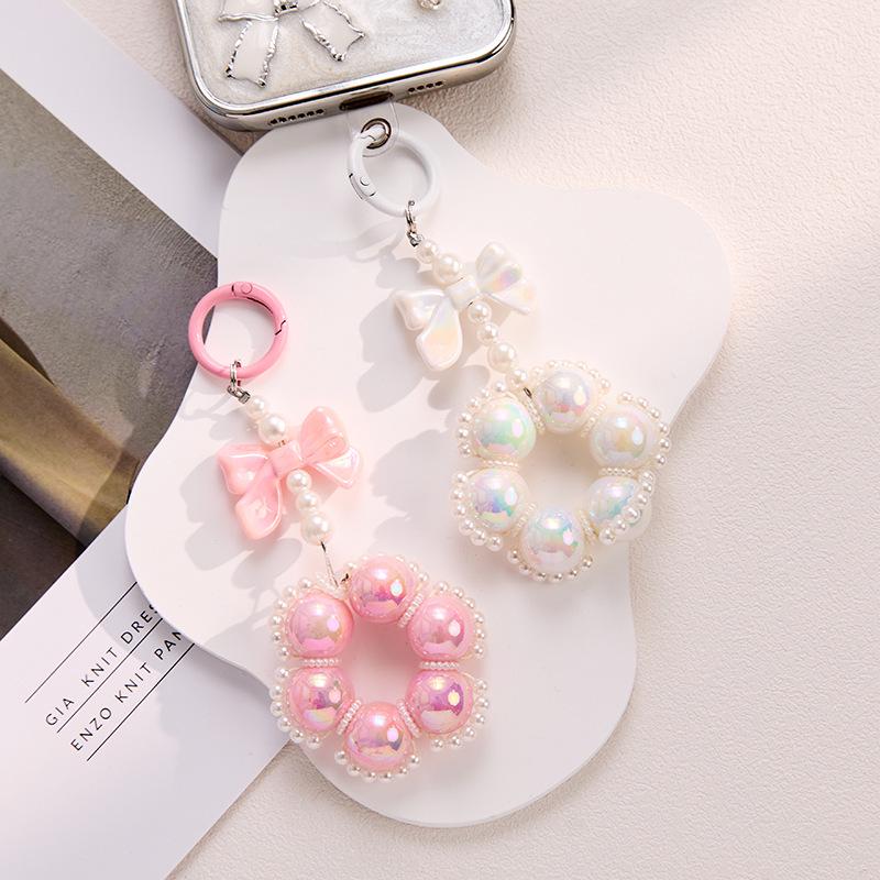 Pearl Bow Phone Lanyard with Sweet French Style Bag Keychain and Round Clasp