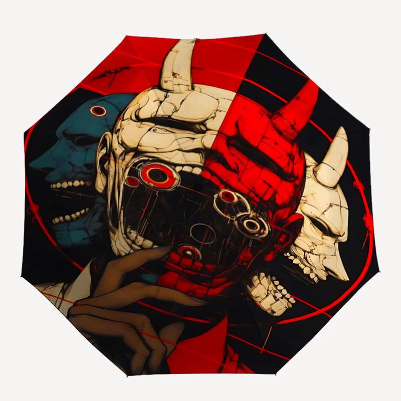 1pc Cyberpunk Mask Automatic Umbrella - 8-Rib Portable Folding Black Iron Frame for Outdoor, Beach, Travel, Beach Umbrella,018