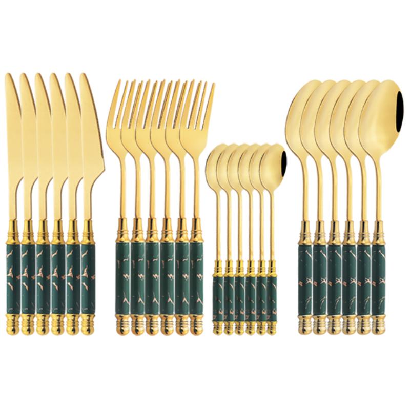 

24 шт. золотые столовые приборы с ручкой из искусственной керамики, посуда из нержавеющей стали 304, ножи, вилки, набор ложек с держателем для столового серебра Green Gold-24Pcs