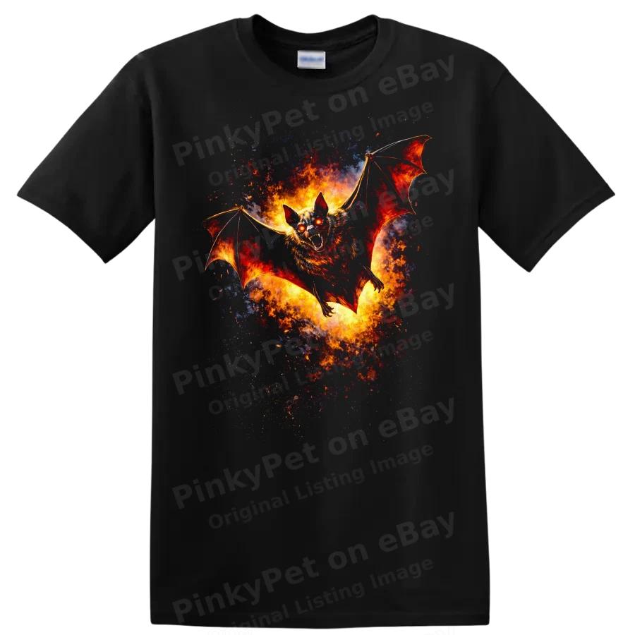 Fiery Bat Flying Animal Art T Shirt Graphic Tee for Halloween Lovers