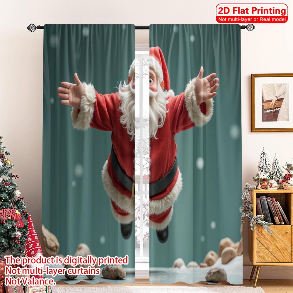 

2pcs 2D flat printing Christmas Curtain Santa Claus Breaking Through Green Rocks Polyester Without Electricity Holiday 52.50×116.00 CM 2pcs