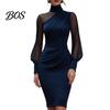 Everyday Casual Dress Women's Mesh Sheer Long Sleeve Mini Dress, Ruched Bodycon Mock Office Wear Women Neck Party Cocktail Formal Wedding Guest