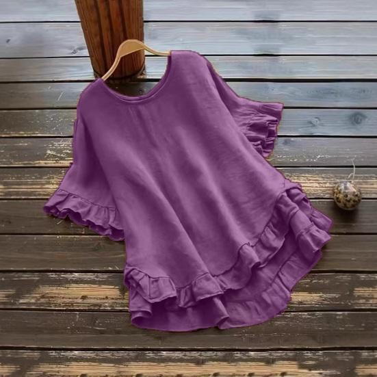Women Tops Round Neck Short Sleeve Loose Fit Pullover Tops Pure Color Ruffle Hem