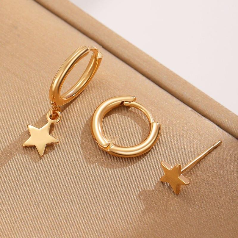 3pcs Set Personality Trendy Copper Plating 14K Gold Geometric Circle Star Moon Tassel Hoop Earrings for Women Jewelry Sets Gift