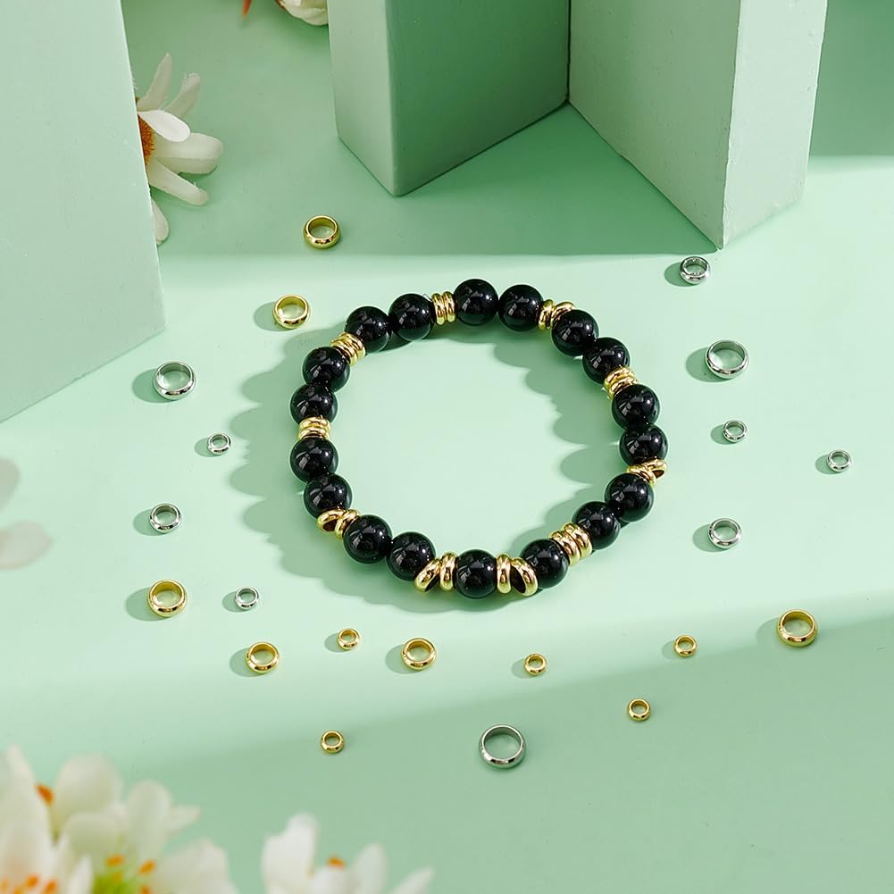 PH PandaHall 220pcs 6 Styles 18K Gold Spacer Beads with Large Hole Stainless Steel Smooth Round Spacer Beads, Flat Round Donut Metal Beads for