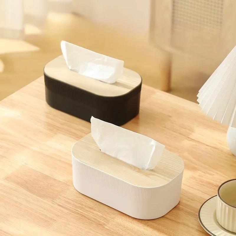 §Plastic Tissue Box With Wooden Cover Nordic Simplicity Style Desktop Napkin Box Living Room Bathroom Toilet Square Tissue Box