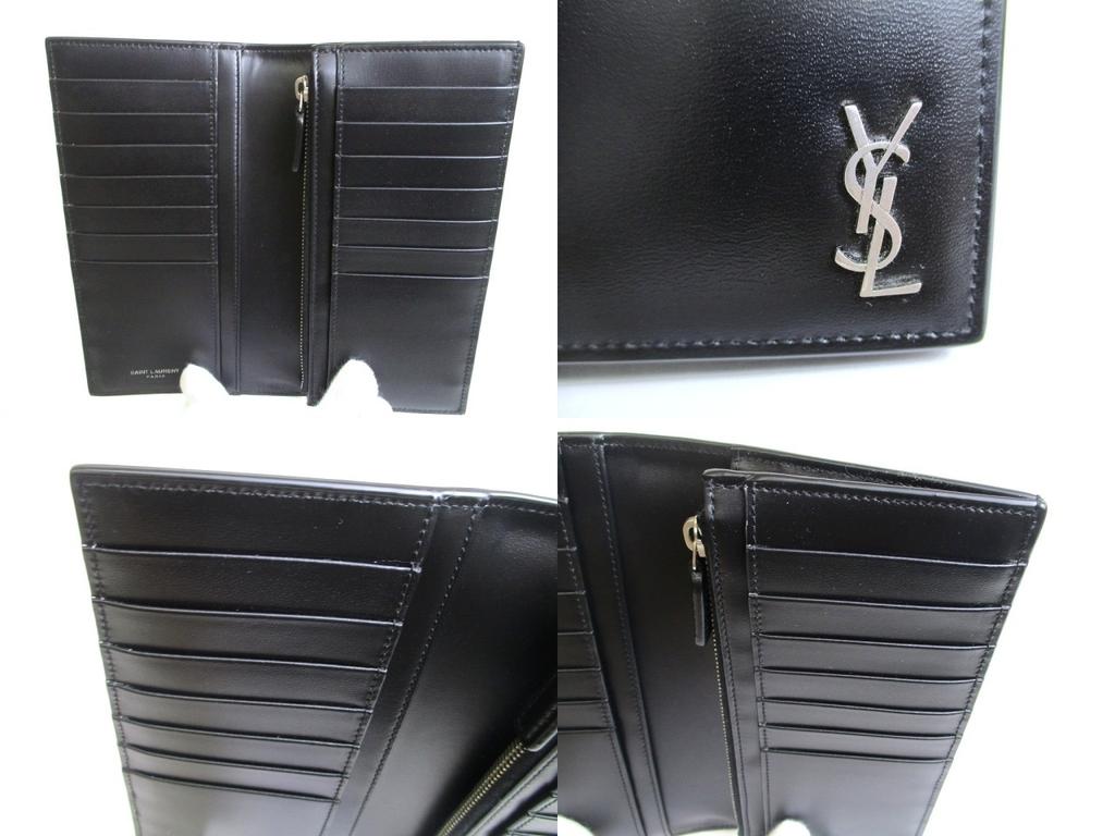 Authentic Saint Laurent Silver YSL Motif Black Leather Long Flap Wallet #a848  Open box