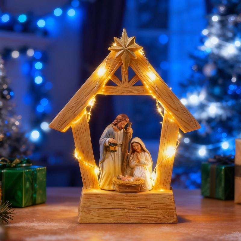 Warm LED Illuminating Nativity Scene Ornament Resin Craft Holy Family Figurine Statue Festive Christmas Display Piece