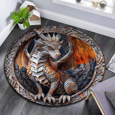 3D Dragon Rug Silver Gray Fantasy Creature Round Carpet with Orange Black Detail Vivid Scale Wing Home Decor Floor Mat