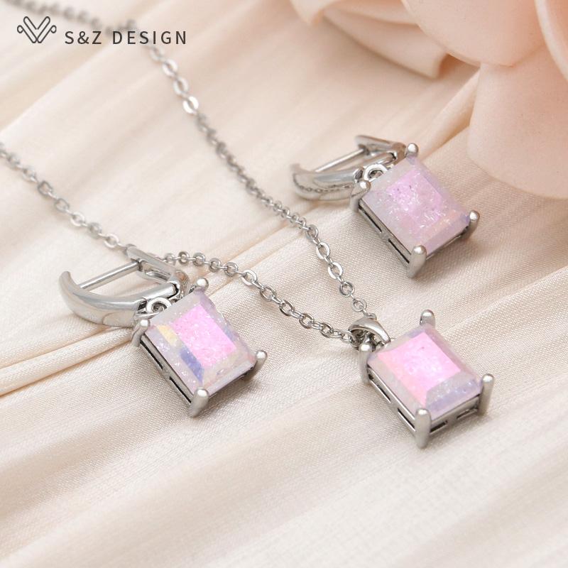 Moda Retângulo Gelo Crack Cristal Brincos Conjuntos de Jóias Para Mulheres Pingente Colar Cor Ouro Rosa