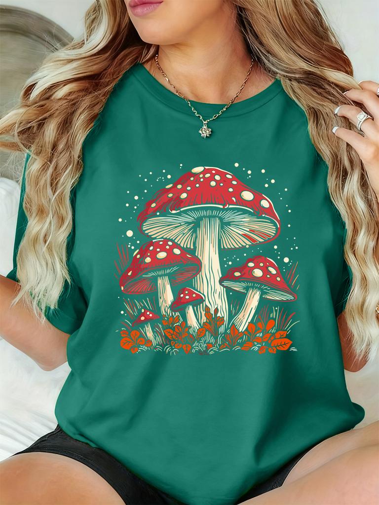 Red Mushroom Personality Prints TShirts Women Summer Short Sleeve Tops ONeck Soft T Shirt Basics Comfortable Womans Clothes