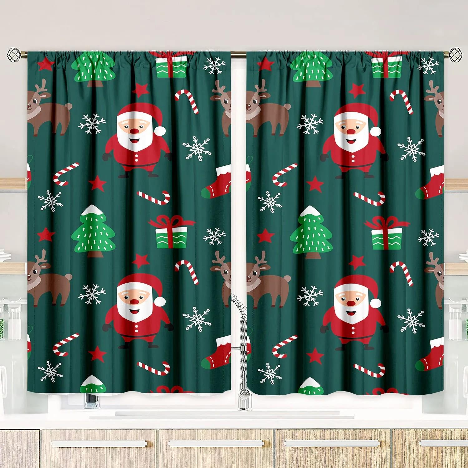 

Set Of 2 Jit Festive Christmas Pattern Curtains Design Window Drapes Polyester Decor Home Cur Curtain Made With Rod Pocket W100*H70(CM)-Grommet top&2PCS