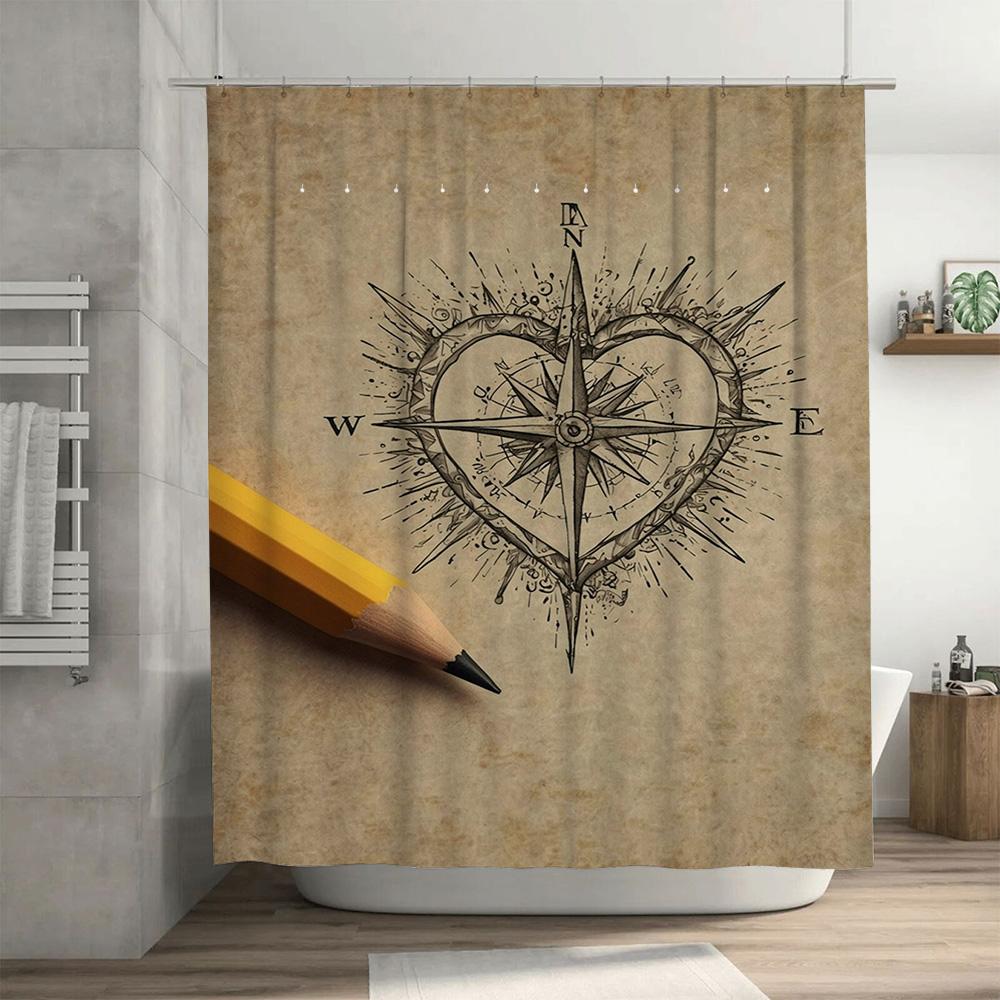 Retro Compass Heart Shower Curtain Bathroom Decor Waterproof Printed Fabric Bath Mat Set (Light Brown with Pen) Online Shopping